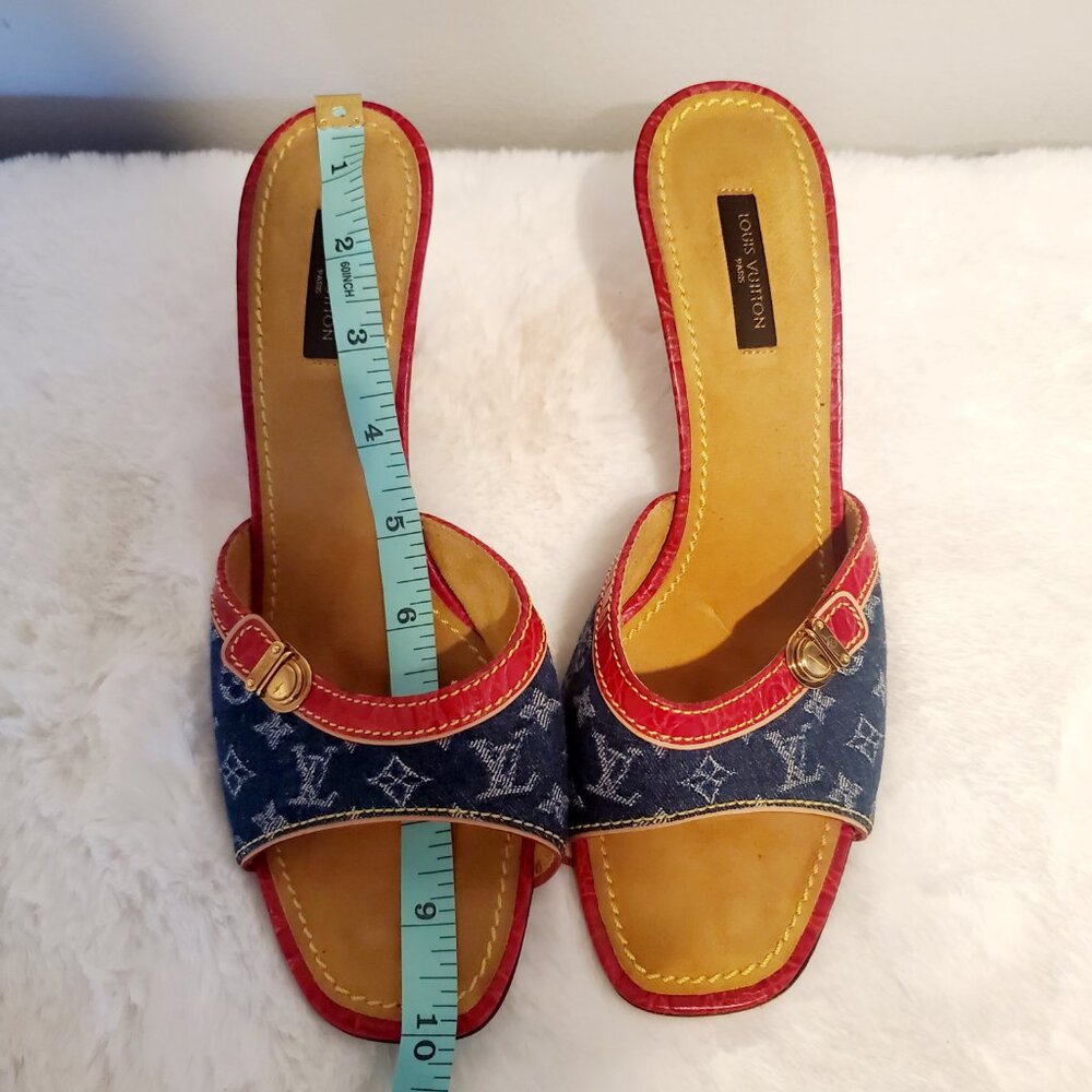 Louis Vuitton Monogram Denim Slide Sandals Red Leather Y2K LV Mule Luxury Size 9 - Picture 16 of 16